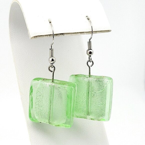 Artisan Square Glass Beaded Earrings Green Frosted Drop Dangle Silver Tone 1 3/4 - Picture 1 of 4
